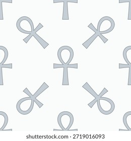 Patrón de repetición de símbolo de contorno de ankh plateado. Una disposición de jeroglíficos originados en el Antiguo Egipto que representa la vida, la inmortalidad y la reencarnación.