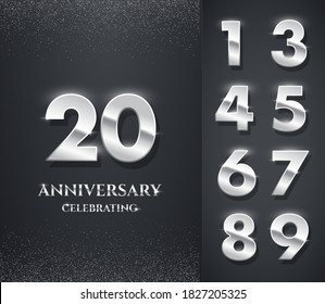 Logo del aniversario de plata con plantilla de números. Ilustración vectorial de 20 años, aniversario de bodas o cumpleaños. Invitación a celebrar. Números brillantes en el fondo negro con brillo.