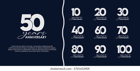 Colección de diseño de conjunto de logotipo de aniversario de plata: elegantes insignias de celebración de 10 a 100 años sobre fondo azul oscuro, Plantilla de Vector moderna para la marca de eventos
