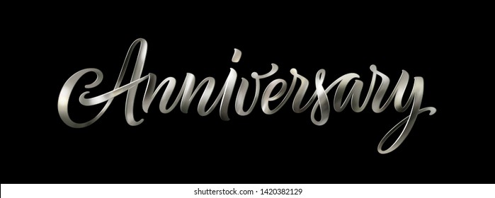 Silver anniversary text isolated on black background. Vector elegant 3D lettering. Vintage calligraphy word for a happy anniversary card, banner, logo, poster, party or cake decoration.