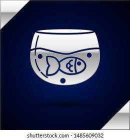 Silver Aquarium with fish icon isolated on dark blue background. Round glass aquarium. Aquarium for home and pets.  Vector Illustration