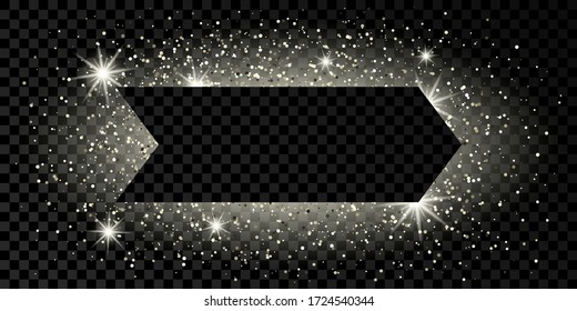 Marco de flecha plateado con brillo, destellos y bengalas sobre fondo transparente oscuro. Fondo de lujo vacío. Ilustración vectorial.