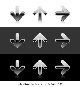 Silver arrow icon web 2.0 buttons with reflection and shadow on white, gray and black