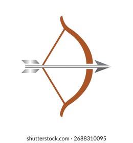 Uma seta prateada é carregada no arco marrom, pronto para lançamento; o fundo é branco plano, oferecendo um design clássico simples.