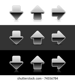 Silver arrow sign web 2.0 icon with shadow and reflection on white, gray and black