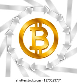 Silver arrows with Bitcoin sign, cryptocurrency cycle circle concept. Business loop banner. Background for financial money strategy, web design. Creative spreadsheet (Money Infographics) template