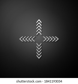 Silver Arrows with four directions icon isolated on black background. Long shadow style. Vector.