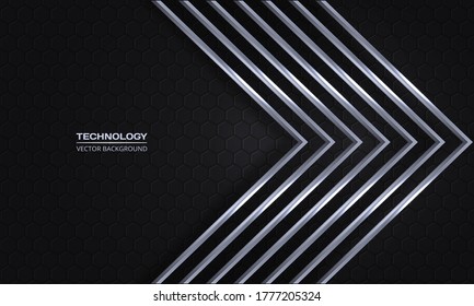 Silver arrows on a dark hexagonal grid abstract background. Luxury overlap direction design. Modern futuristic gray metallic arrows and dark gray honeycomb backdrop. Vector illustration EPS10.