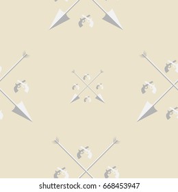 Silver arrows and pistols seamless pattern.Beige background.Vector illustration