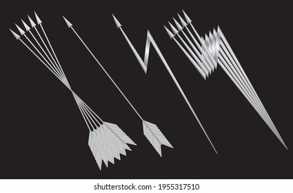 Proyectil de flechas de plata para tiro con arco y ballesta sobre fondo negro. Imagen vectorial.