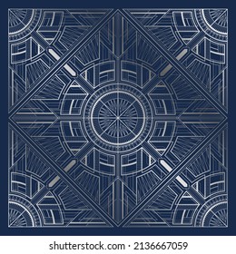 Silver art deco illustration with ornament on dark blue background