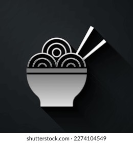 Silver Asian noodles in bowl and chopsticks icon isolated on black background. Street fast food. Korean, Japanese, Chinese food. Long shadow style. Vector