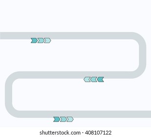 Silver asphalt road isolated on white background. Vector illustration of winding road with pointers, arrows