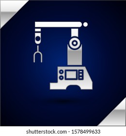 Silver Assembly line icon isolated on dark blue background. Automatic production conveyor. Robotic industry concept.  Vector Illustration