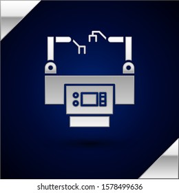 Silver Assembly line icon isolated on dark blue background. Automatic production conveyor. Robotic industry concept.  Vector Illustration
