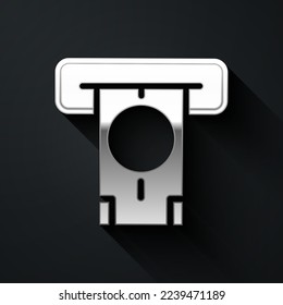 Silver ATM - Automated teller machine and money icon isolated on black background. Long shadow style. Vector