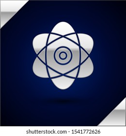 Silver Atom icon isolated on dark blue background. Symbol of science, education, nuclear physics, scientific research. Electrons and protons sign.  Vector Illustration