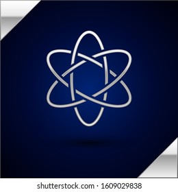 Silver Atom icon isolated on dark blue background. Symbol of science, education, nuclear physics, scientific research.  Vector Illustration