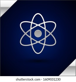 Silver Atom icon isolated on dark blue background. Symbol of science, education, nuclear physics, scientific research.  Vector Illustration