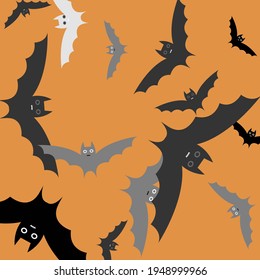 Silver Attack Scary Black Modern Style Simple Art. White Motion Creepy Bats Vector Illustration. Print Retro Grey Light Halloween Art Illustration. Funny Orange Chaos Spooky Art Flying Bats Fabrics.