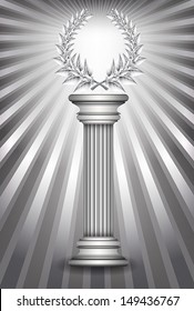 Silver award column with laurel wreath for jubilee text or competition winner over sun rays background. Vector EPS10 illustration. Raster file included in portfolio