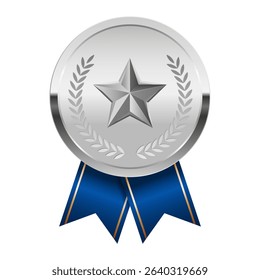 Silver award medal with blue ribbons and star for sport and games