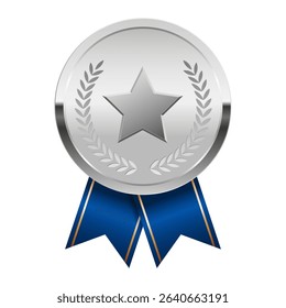 Silver award medal with blue ribbons and star for sport and games