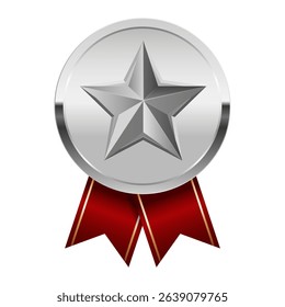 Silver award medal with red ribbons and star for sport and games