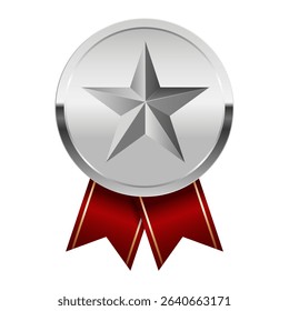 Silver award medal with red ribbons and star for sport and games