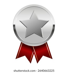 Silver award medal with red ribbons and star for sport and games