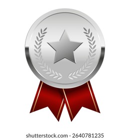 Silver award medal with red ribbons and star for sport and games