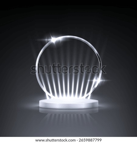 Silver award podium. Empty 3d platinum stage with glowing spotlight beams and circular frame on dark background. Luxury product presentation, glamour design for beauty industry. Vector illustration.