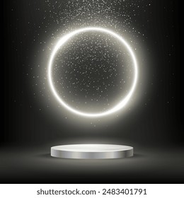 Silver award podium, prize stage with neon light round frame for product presentation or award ceremony. Abstract empty platform with glowing circle and glitter confetti sparkle rain falling vector.