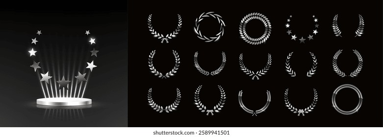 Silver award podium with star wreath and set of different laurel wreaths. Luxury templates for glamour product presentation, winner ceremony. Vector illustrations isolated on black.