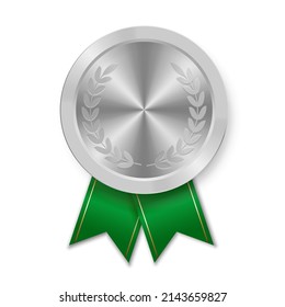 Silver award sport medal for winners with green ribbon