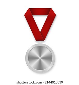 Silver award sport medal for winners with red ribbon