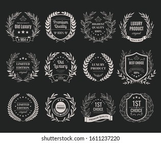 Silver awards emblems realistic set with premium quality symbols on black background isolated vector illustration