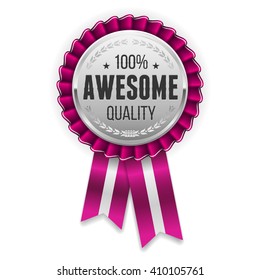 Silver awesome  quality badge / rosette with purple ribbon