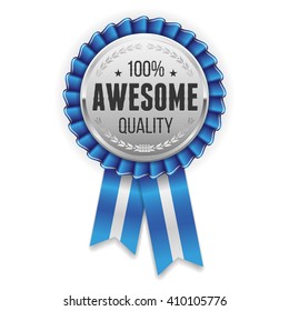 Silver awesome  quality badge / rosette with blue ribbon