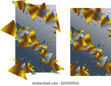 Silver background 2 in 1. With gold and silver triangle figures of various sizes and shapes, Beauty in geometry. Abstraction of precious metals. Suitable for postcard, banner, background.