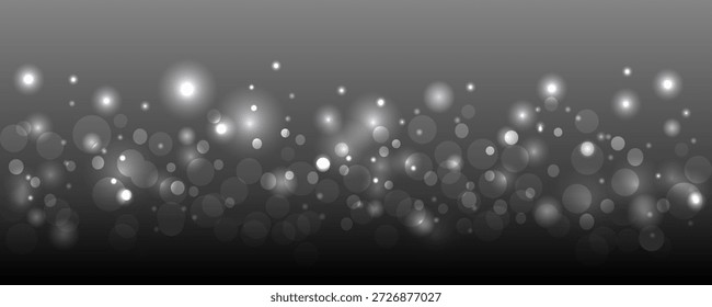 Silver background with black glowing circles, vector. Gray background with bokeh effect, vector. Beautiful background for Christmas and New Year.  Template for banner, greeting card, flyer design. abstract lights background