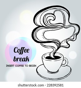Silver background with lights and a hot steaming cup of coffee. Vector illustration.