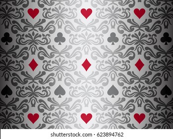 Silver background with poker symbols surrounded by floral ornament pattern