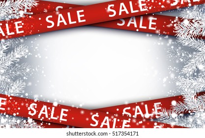 Silver background with red sale ribbon. Vector illustration.