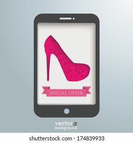 Silver background with smartphone and high heel. Eps 10 vector file.