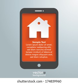 Silver background with smartphone and white house. Eps 10 vector file.