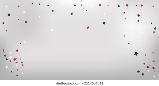 Fundo de prata Estrela de confete Vermelho azul branco estrelas Ilustração de voando brilhante Elemento decorativo Adequado para o seu design, cartões, convites Copiar espaço EUA bandeira cores