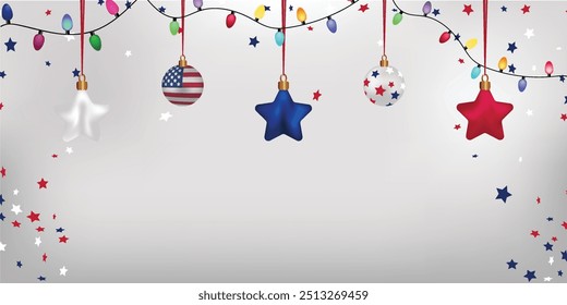 Silver background White red blue falling down confetti stars Xmas mood Christmas greeting card Holiday template New Year poster cover banner Copy space December mood USA colors America Christmas light