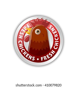 Silver badge with chicken head and lettering FRESH CHICKENS isolated on white background. Chicken icon. Chicken vector. Chicken symbol.
