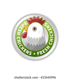 Silver badge with chicken head and lettering FRESH CHICKENS isolated on white background